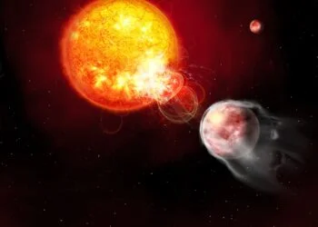 Being bombarded with so much high-energy radiation does not bode well for HIP 67522 b. The planet is similar in size to Jupiter but has the density of candy floss, making it one of the wispiest exoplanets ever found. Over time, the radiation carried by the flares is eroding away the planet's wispy atmosphere, meaning it is losing mass much faster than we thought. In the next 100 million years, HIP 67522 b could go from an almost Jupiter-sized planet to a much smaller Neptune-sized planet. Credit: Janine Fohlmeister (Leibniz Institute for Astrophysics Potsdam)