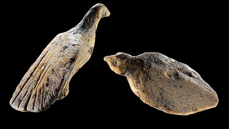 Buried just five feet apart for 40,000 years, two miniature ivory birds reveal an Ice Age artist capturing one bird at rest and another with its wings spread