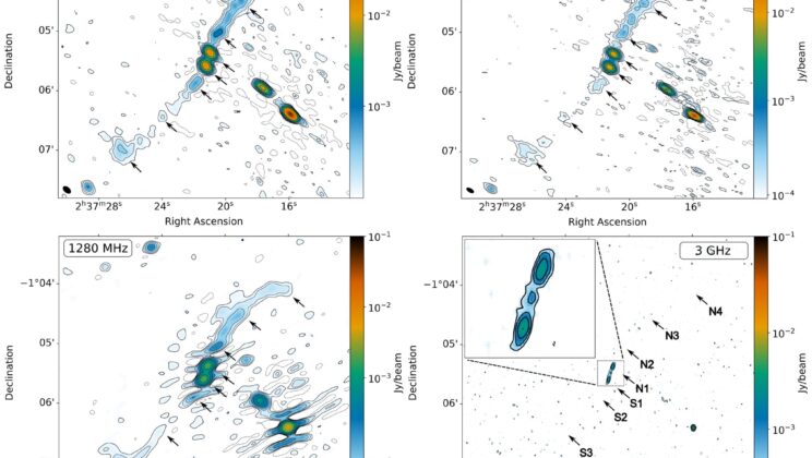 Four generations of radio jets stretch nearly 1.2 million light-years from a galaxy’s core, preserving a record of repeated outbursts
